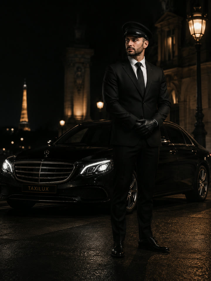 Chauffeur TaxiLux en costume devant une berline Mercedes à Paris